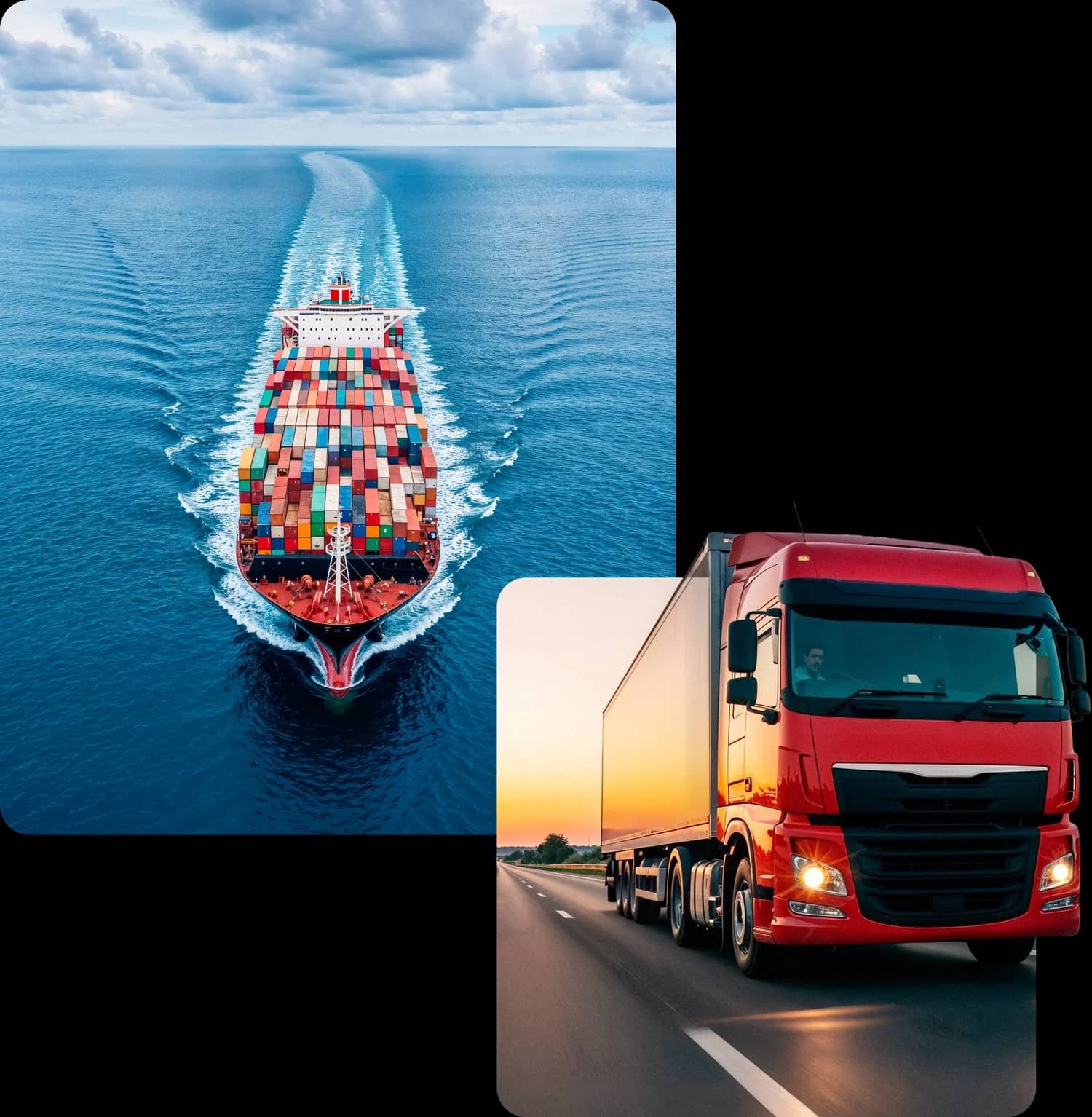 Container ship at sea and a red truck on the highway