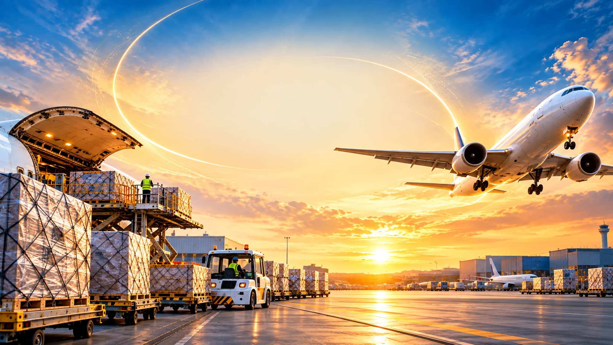 Cargo plane taking off over air freight pallets being loaded at sunset