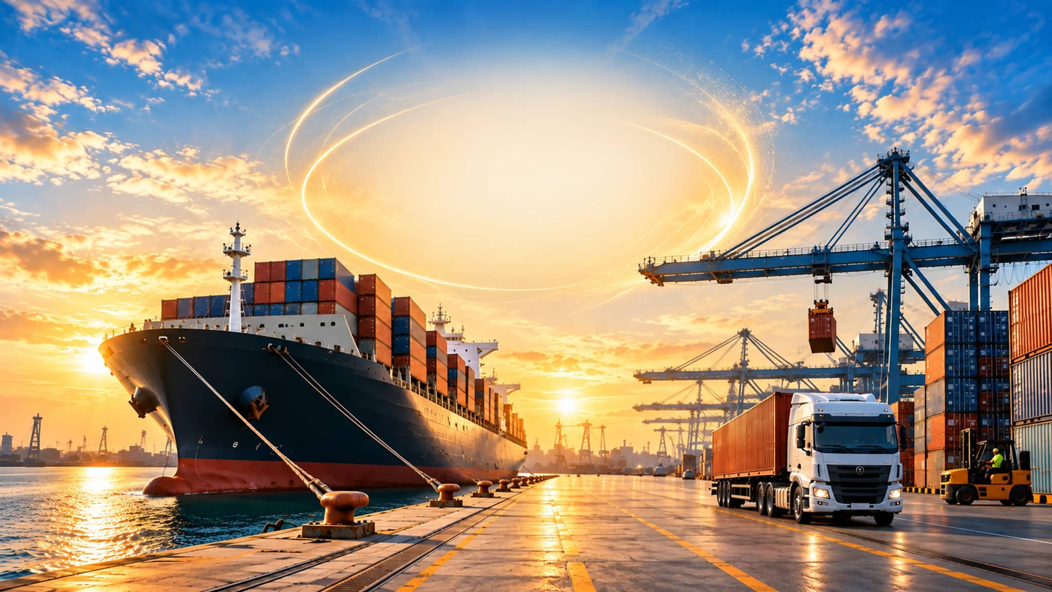 Container ship at a quay under gantry cranes, with a container truck, at sunset