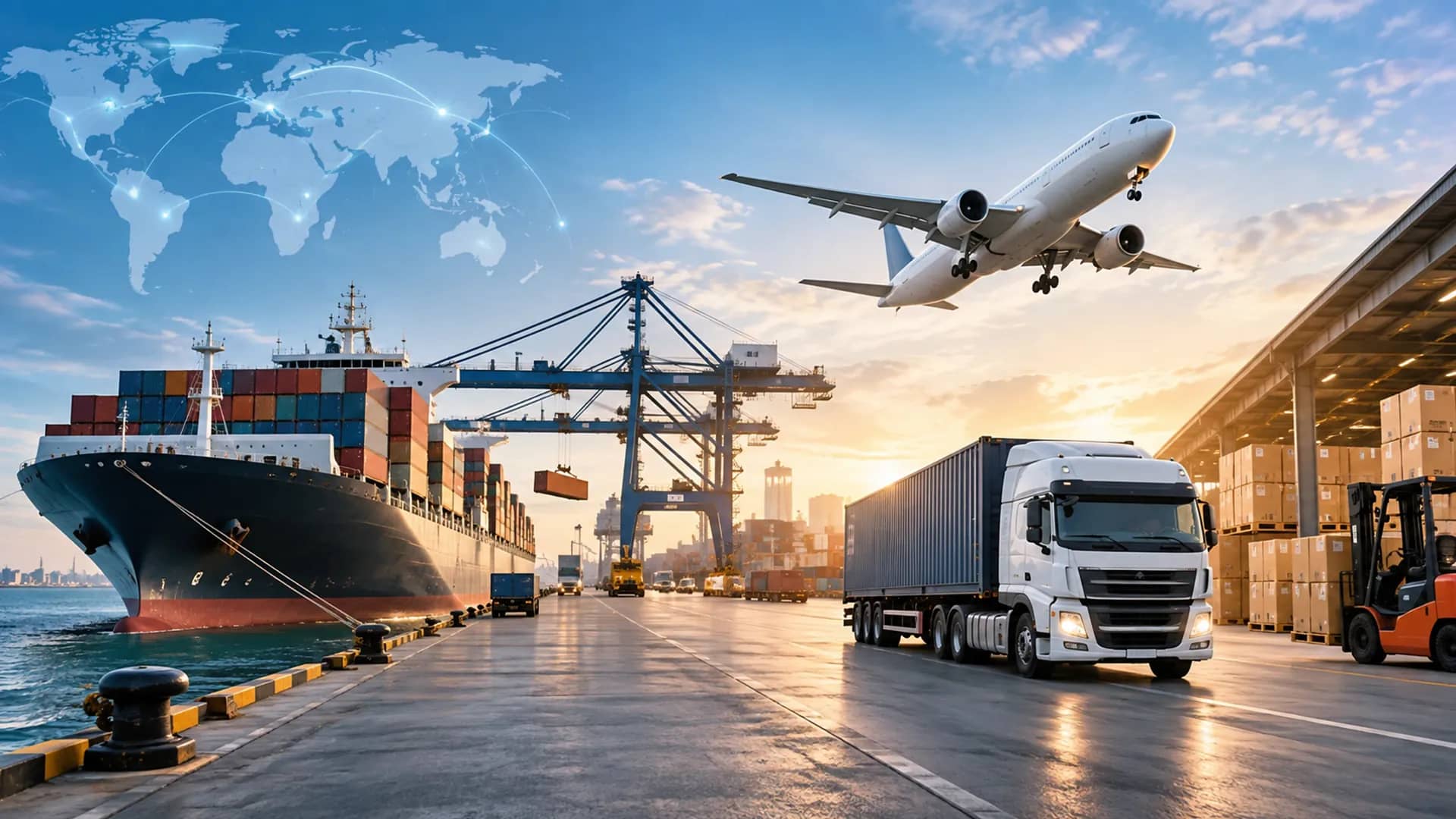 Container truck at a port with a ship and cargo aircraft