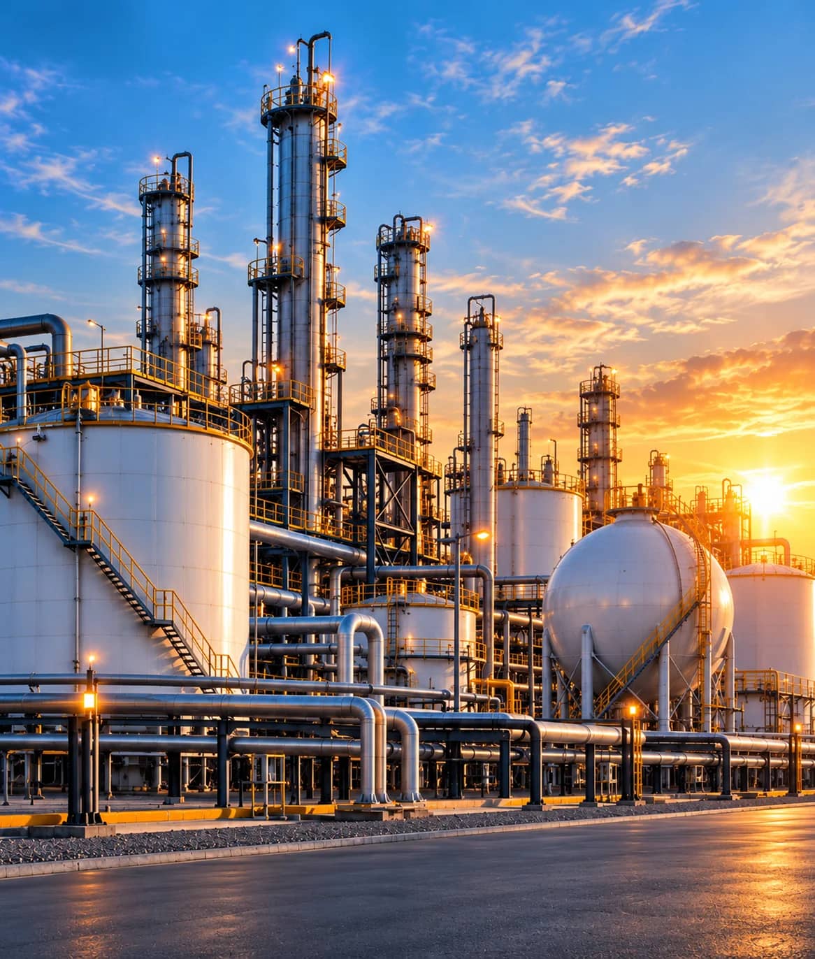 Petrochemical plant with storage tanks and pipelines at sunset