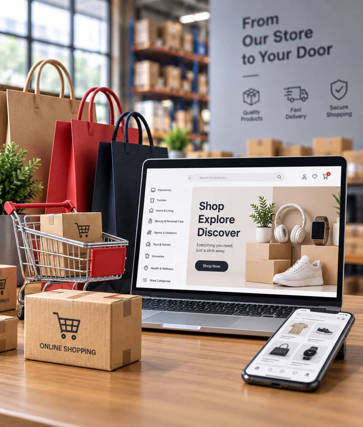 Online store on a laptop with shopping bags, parcels and a cart