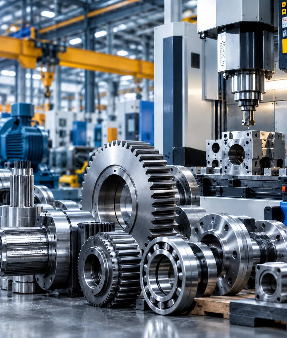 Industrial gears, bearings and CNC machinery on a factory floor
