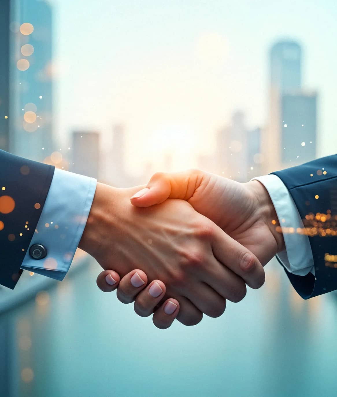 Business handshake in front of a city skyline