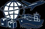 Globe with a cargo plane, container ship and parcels icon