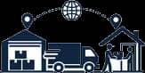 Warehouse, delivery truck and parcel handed over at a home icon