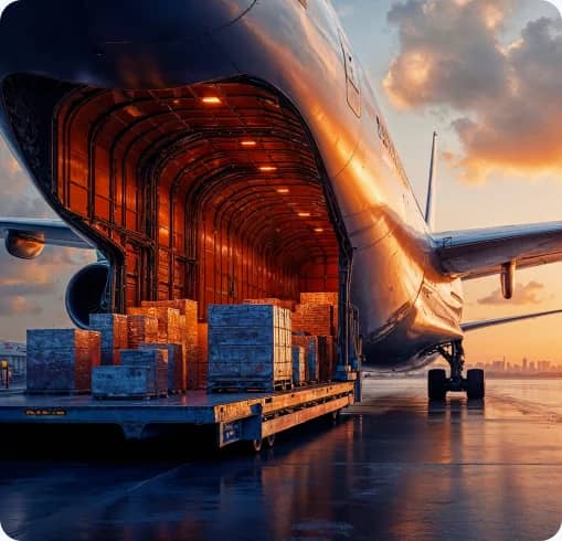 Pallets being loaded into the open nose of a freighter aircraft at sunset