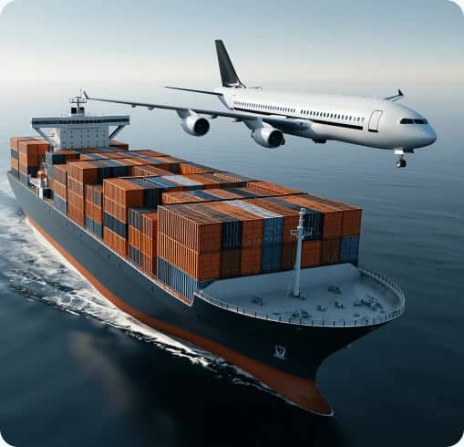 Container ship stacked with cargo containers and a cargo plane flying overhead
