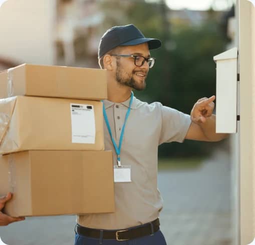 Delivery courier carrying parcels and ringing a customer's doorbell