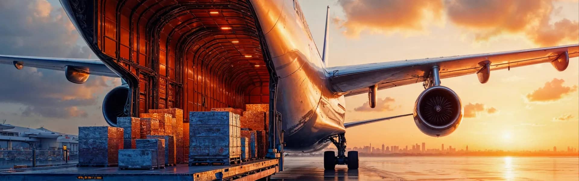 Cargo being loaded into the nose of a freighter aircraft at sunset