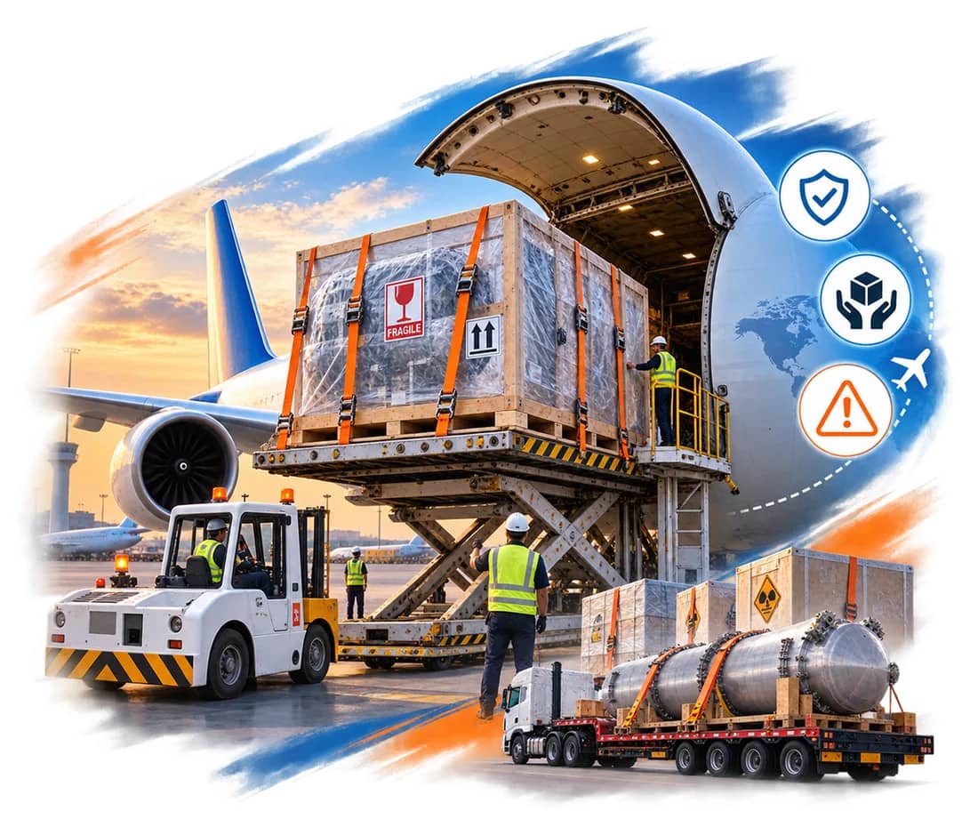 Oversized crate with handling labels being loaded into a freighter aircraft