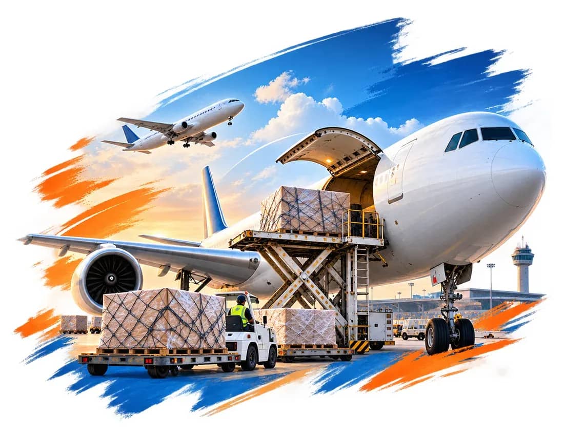 Pallets of air cargo being loaded into a freighter aircraft on the apron