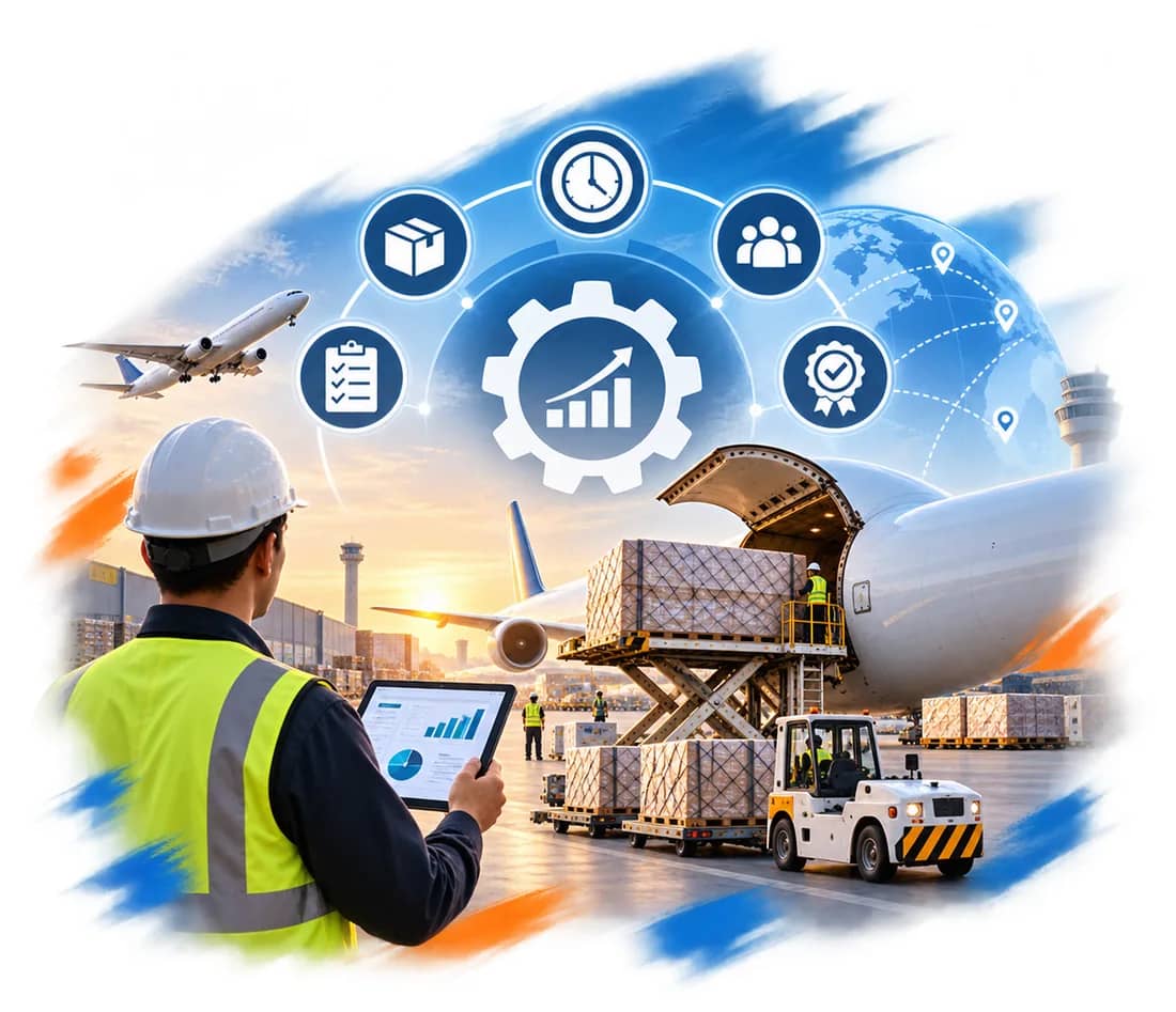 Ground handler with a laptop coordinating cargo loading onto an aircraft