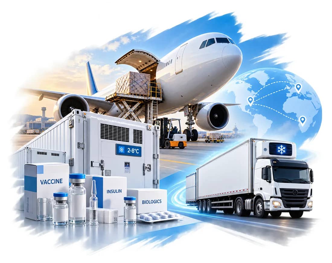 Temperature-controlled pharma containers and a reefer truck beside a freighter aircraft