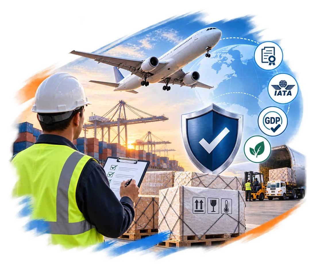 Airport ground worker in a safety vest inspecting air cargo with compliance badges
