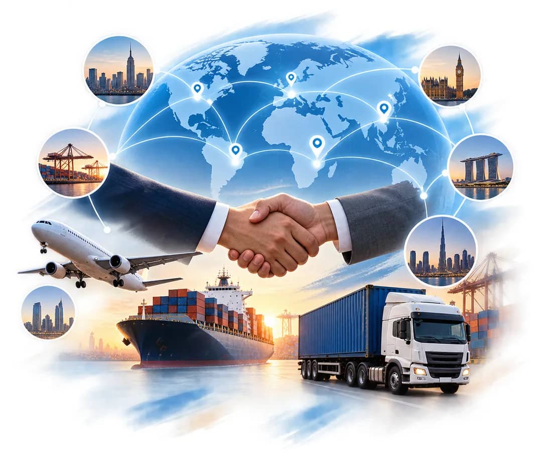 Business handshake over a world map with a cargo plane, container ship and truck