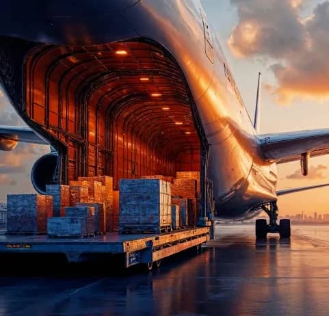 Pallets being loaded into the open nose of a freighter aircraft at sunset