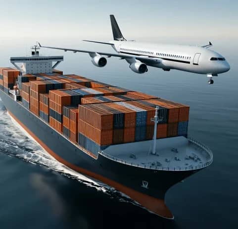 Container ship stacked with cargo containers and a cargo plane flying overhead