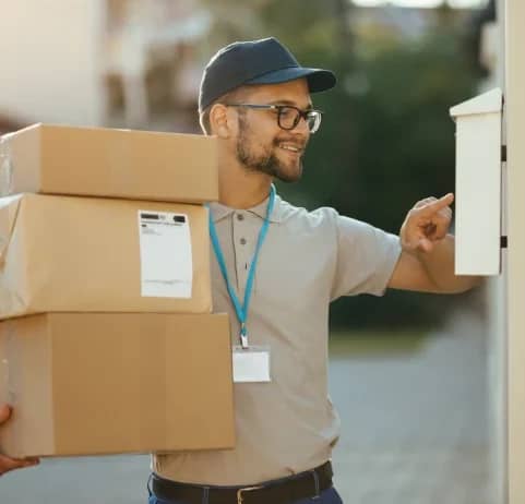 Delivery courier carrying parcels and ringing a customer's doorbell
