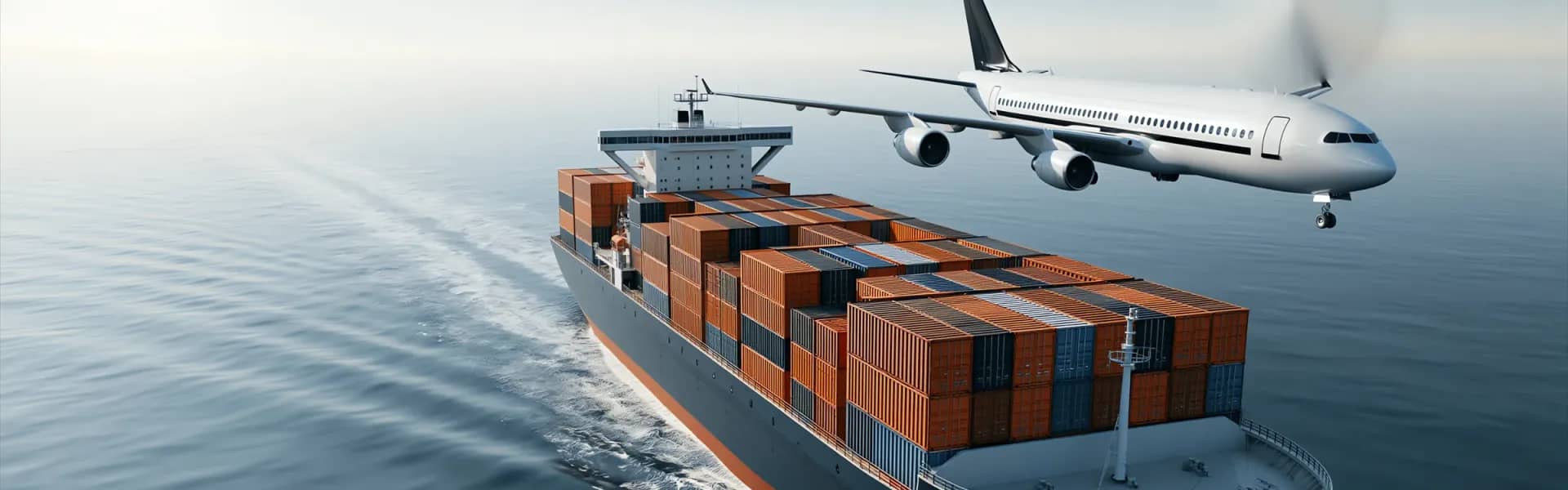 Container ship at sea with a cargo aircraft flying overhead