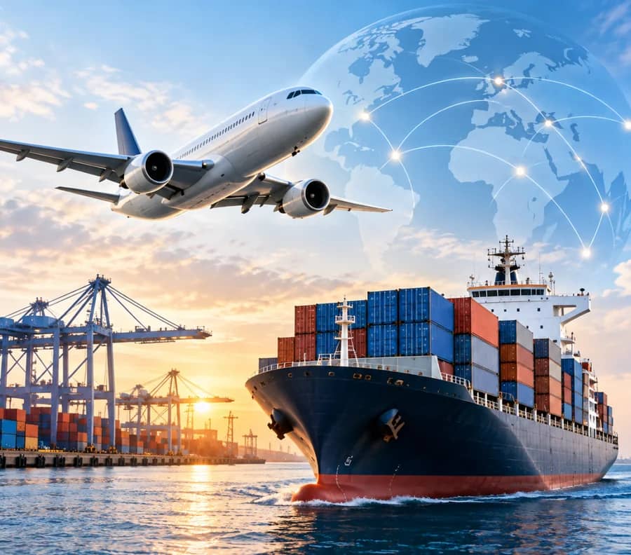 Cargo plane flying over a container ship at a port with a global network map