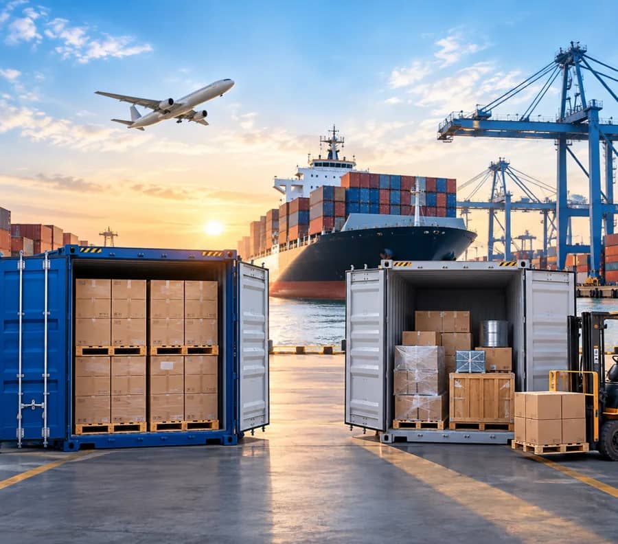Open shipping containers being loaded with palletised cargo at a port