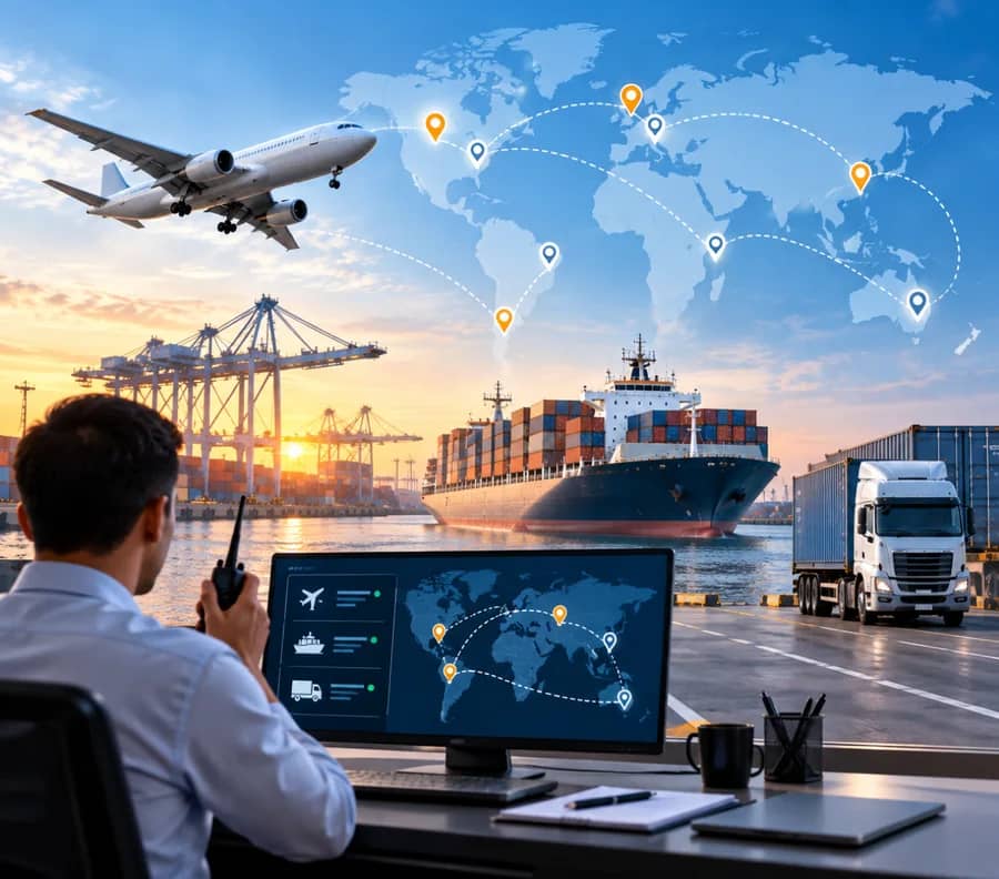 Logistics coordinator on a call tracking shipments on a world map screen
