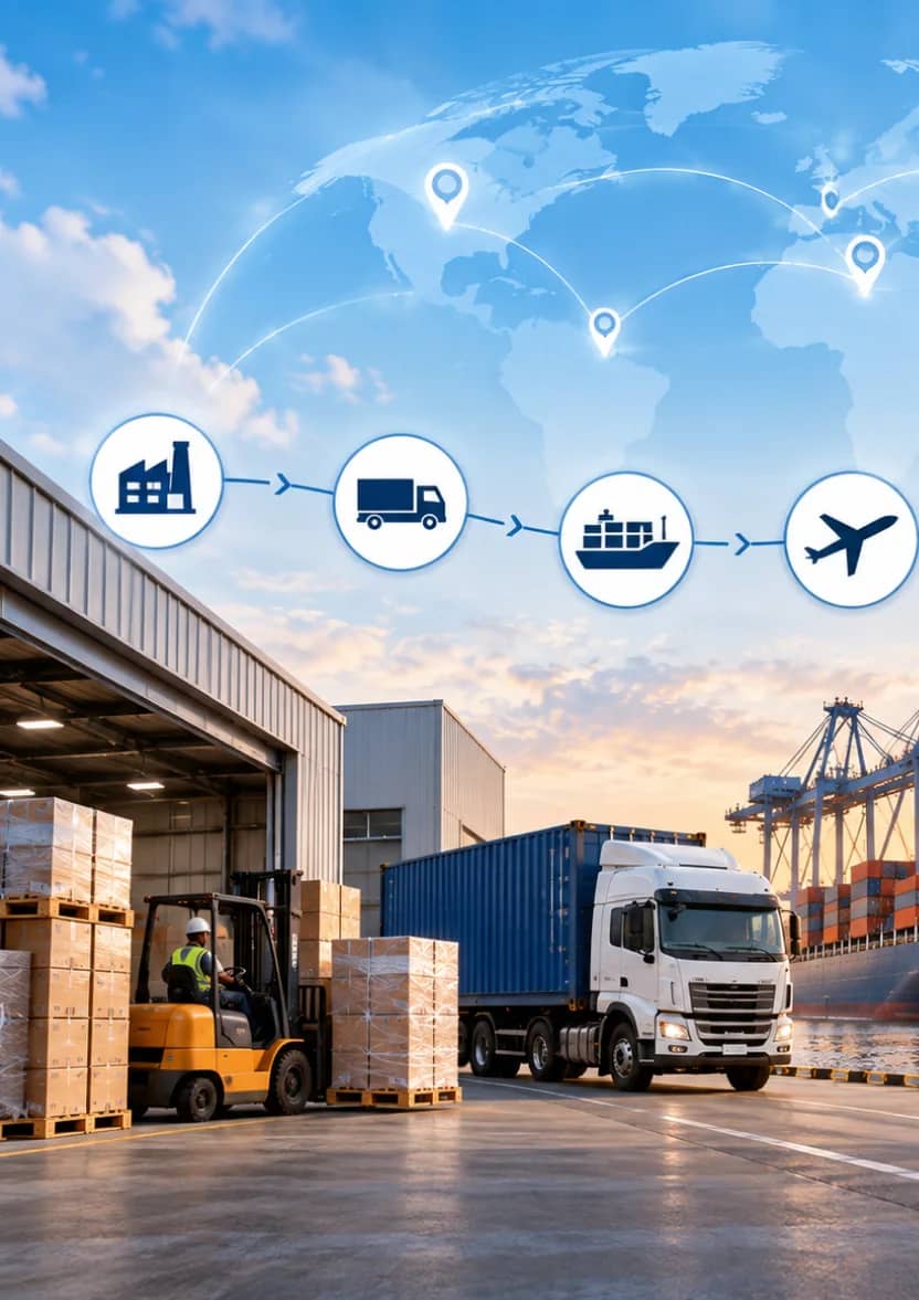 Forklift loading a truck at a warehouse with a shipment route illustration above