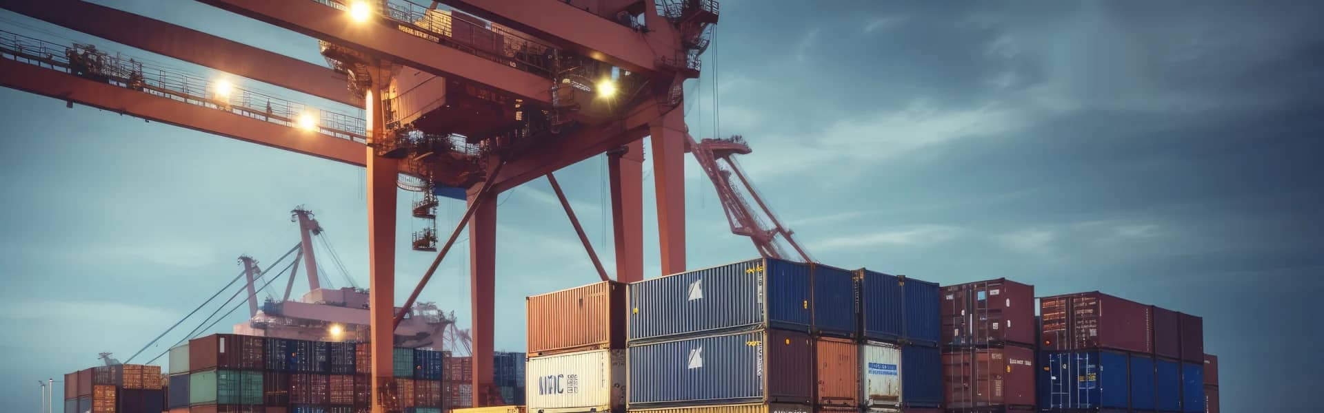 Port gantry cranes over stacked containers