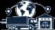 Delivery truck travelling between a globe route and a warehouse icon